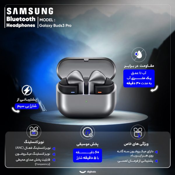 هدفون بلوتوثی سامسونگ مدل Galaxy Buds3 Pro دارای نویز کنسلینگ فعال (ANC) مقاوم در برابر آب — تصویر ۱۷